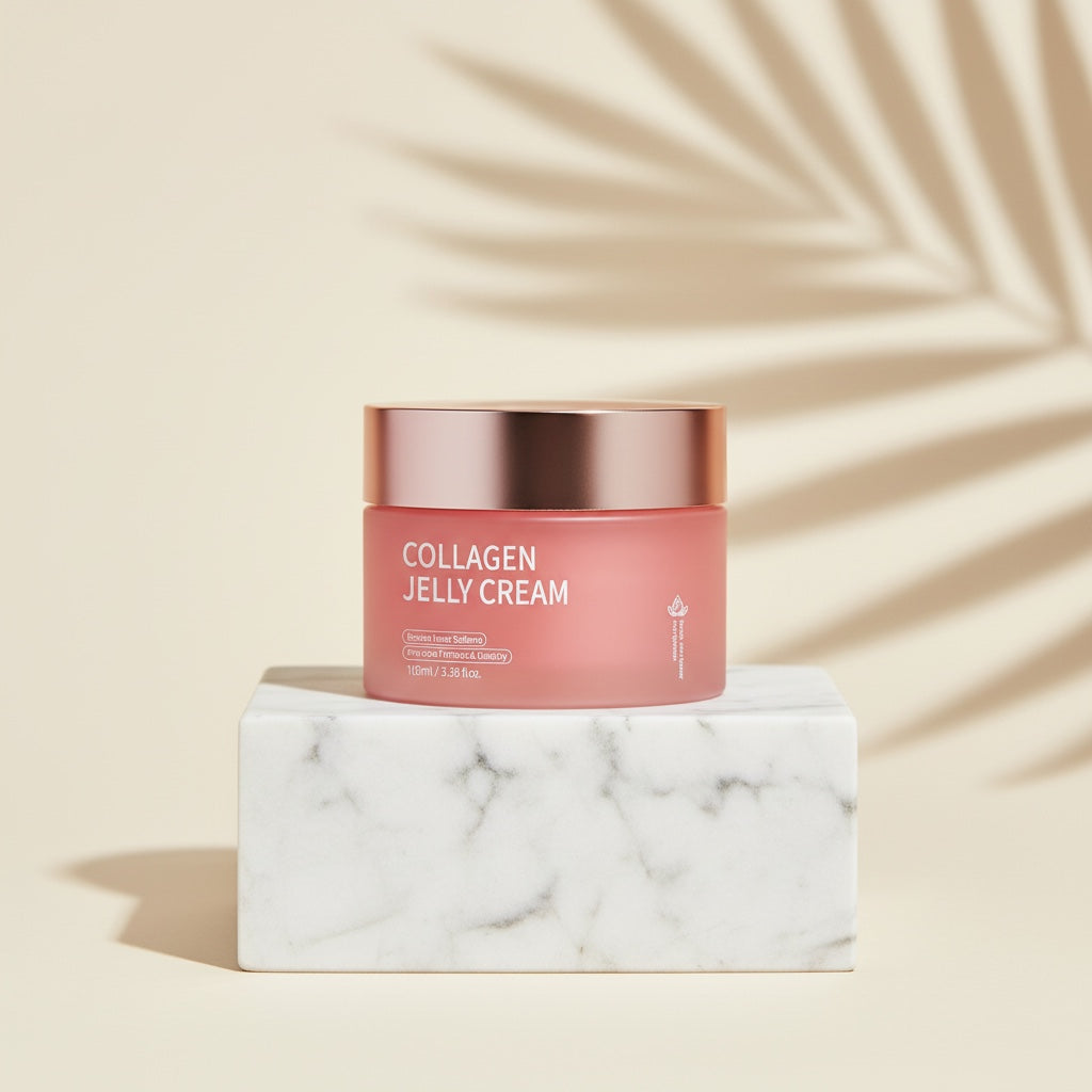 GABY ELIXIR HydroBoost Collagen Jelly Cream in a pink frosted jar with a rose gold lid. 100ml.